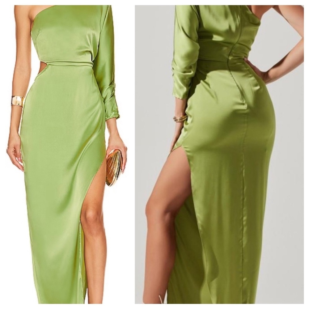 ASTR THE LABEL Amari Women’s M Green Maxi Dress Satin One-Shoulder Cut-Out Satin - Picture 3 of 15